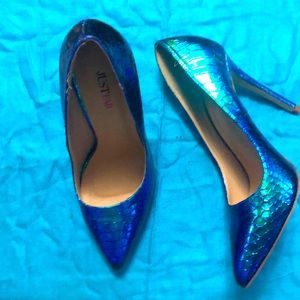 JUST FAB, BLUE, SHINY, HIGH HEEL, SZ11, NEW